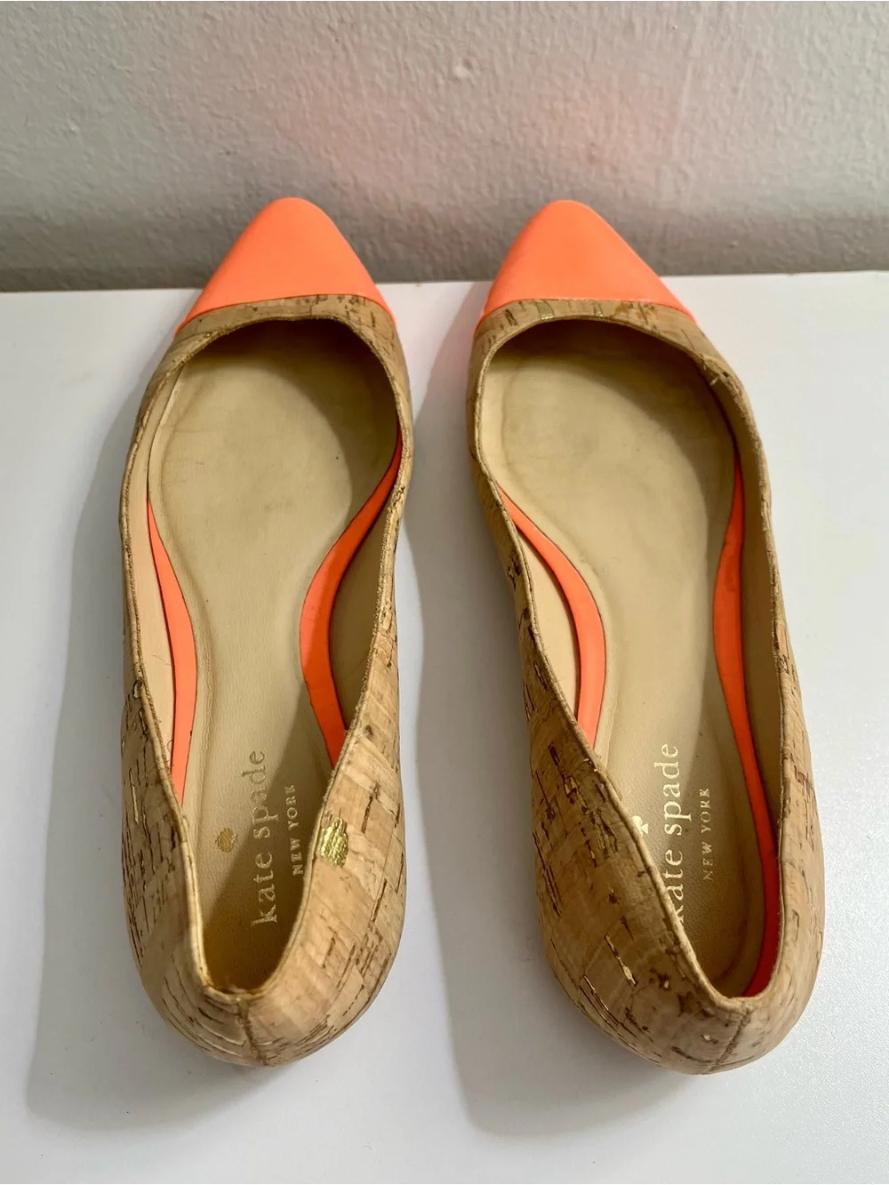 Kate Spade Elina Cork & Neon Coral Cap Toe Flats Size 6.5